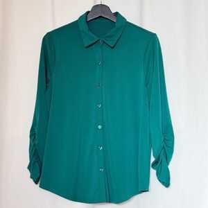 Green Ruched Sleeves Button Down Blouse Women's Large